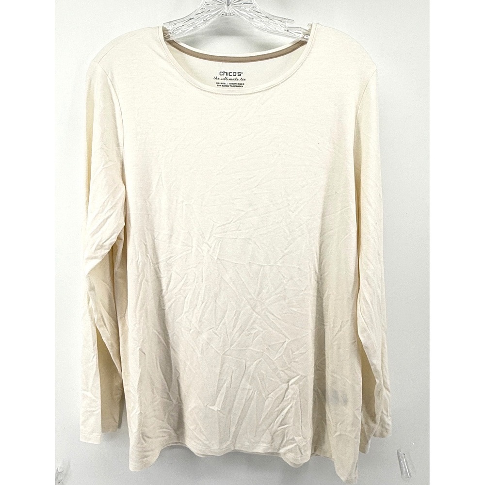 Chicos The Ultimate Tee Womens Size 2 L Cream Off White Long Sleeve Crew Neck